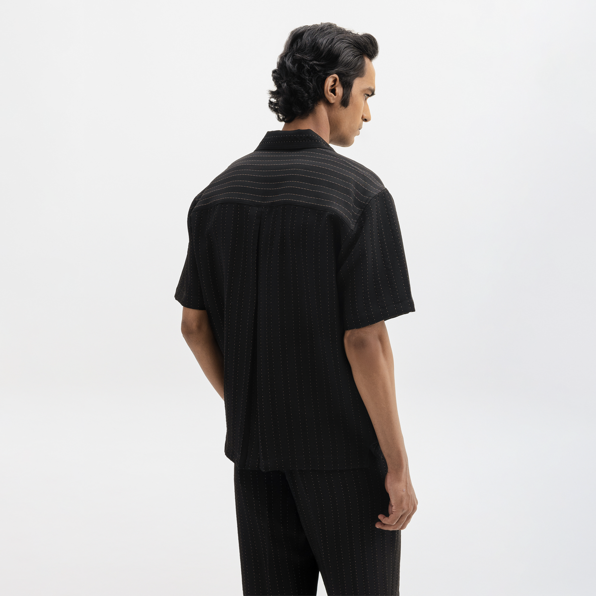 PINSTRIPE CUBAN SHIRT- JET BLACK by Warping Theories