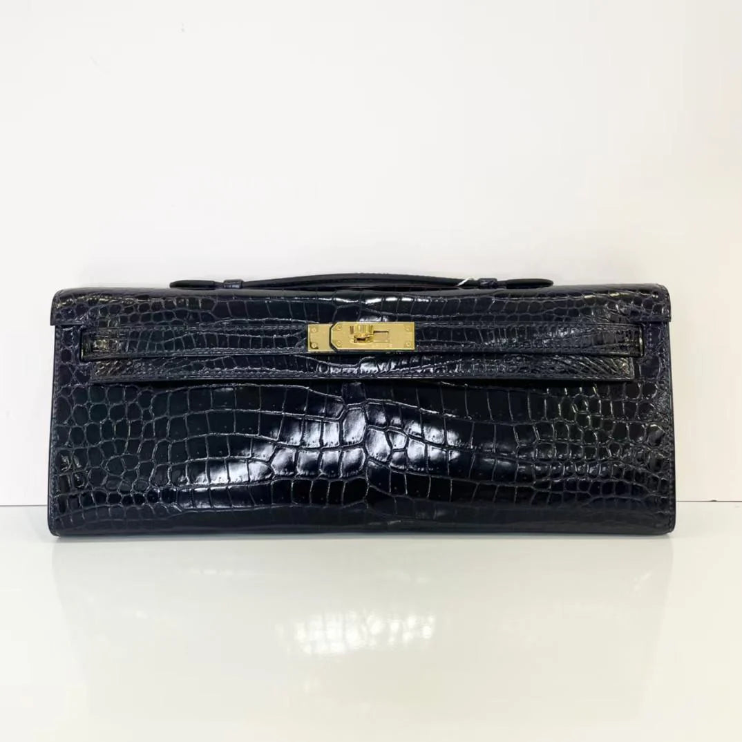 Hermès Kelly Cut Clutch – Black Shiny Porosus Crocodile with Gold Hardware - Zeuskicks
