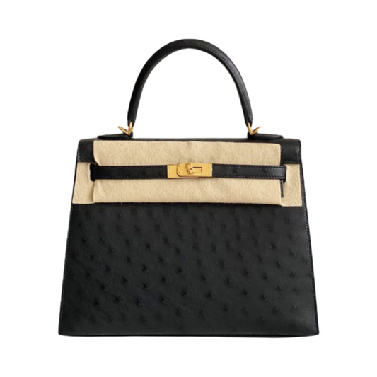Hermès Kelly 25 Sellier — Black Ostrich Leather Gold Hardware