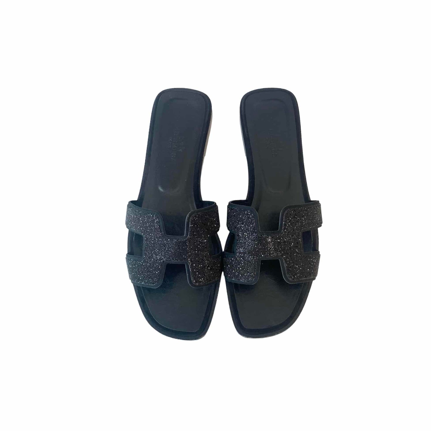 Hermès Oran Sandals – Black Glitter Leather Edition