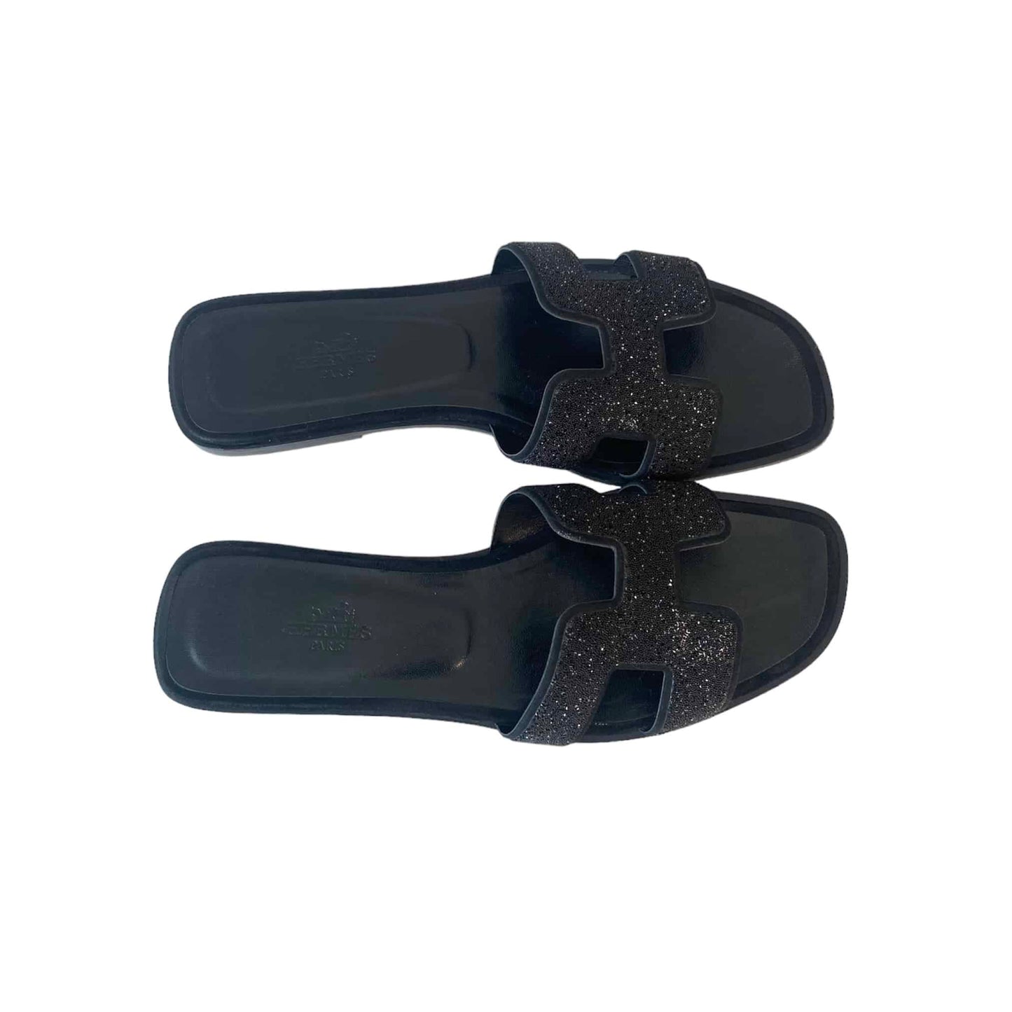 Hermès Oran Sandals – Black Glitter Leather Edition