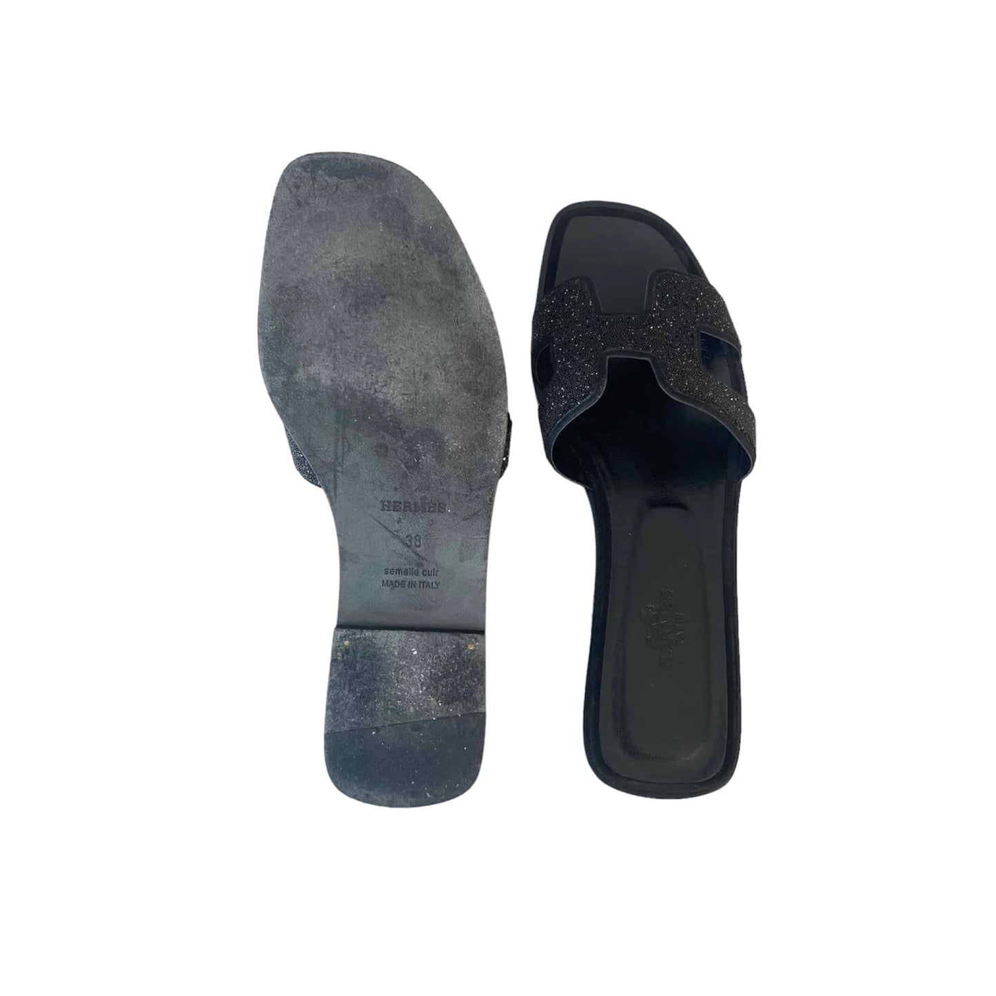 Hermès Oran Sandals – Black Glitter Leather Edition