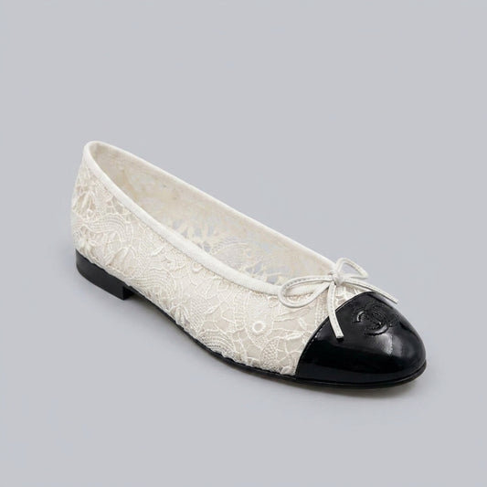 CHANEL Coco Beach Lace Ballerina Flats – White Mesh & Black - Zeuskicks