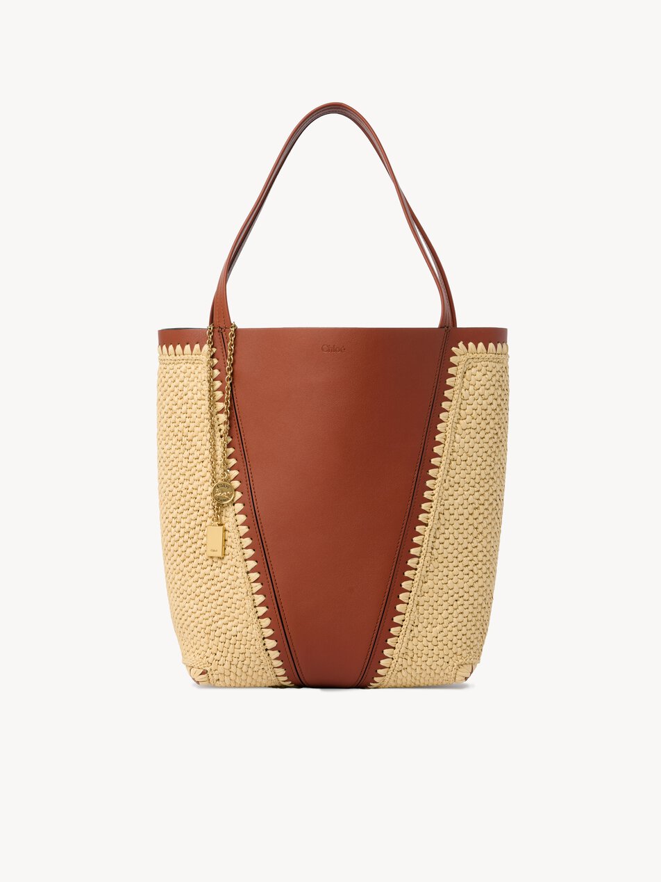 CHLOE Spin tote bag in raffia-effect & leather Clay Brown by CHLOE
