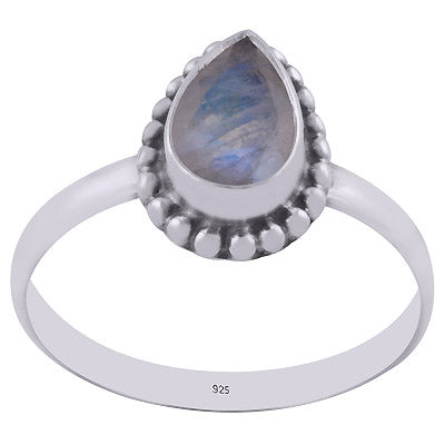 Beautiful Rawa Work Around Rainbow Moonstone Pear Shape 925 Sterling Solid Silver Ring - R1000263-5