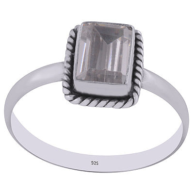 Handcrafted Wire Work Around White Cubic Zirconia Rectangle Shape 925 Sterling Solid Silver Ring - R1000268-9