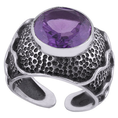 Stunning Oxidised Handwork Around Amethyst Round Shape 925 Sterling Solid Silver Ring - R1000278-1