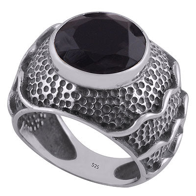 Stunning Oxidised Handwork Around Black Onyx Round Shape 925 Sterling Solid Silver Ring - R1000278-11