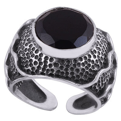 Stunning Oxidised Handwork Around Black Onyx Round Shape 925 Sterling Solid Silver Ring - R1000278-2
