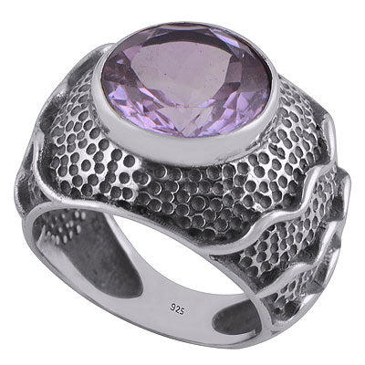 Stunning Oxidised Handwork Around Amethyst Round Shape 925 Sterling Solid Silver Ring - R1000278-3
