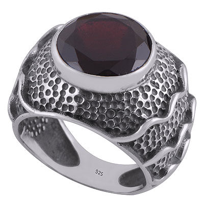 Stunning Oxidised Handwork Around Garnet Round Shape 925 Sterling Solid Silver Ring - R1000278-4