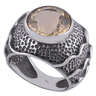 Stunning Oxidised Handwork Around Citrine Round Shape 925 Sterling Solid Silver Ring - R1000278-5