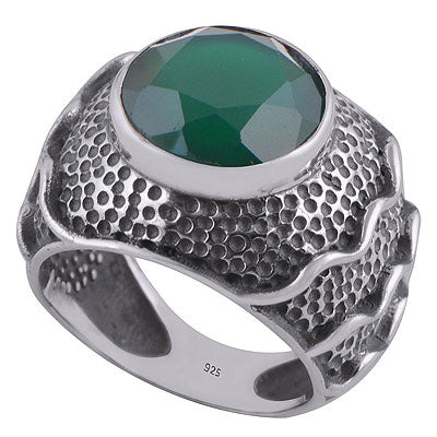 Stunning Oxidised Handwork Around Green Onyx Round Shape 925 Sterling Solid Silver Ring - R1000278-8