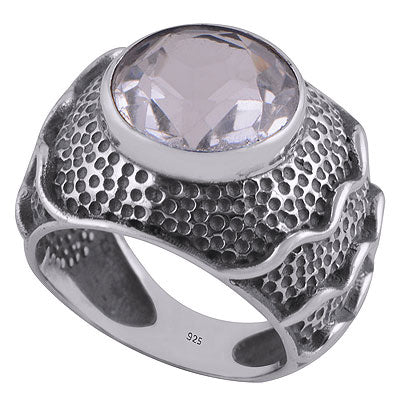 Stunning Oxidised Handwork Around Crystal Round Shape 925 Sterling Solid Silver Ring - R1000278-9