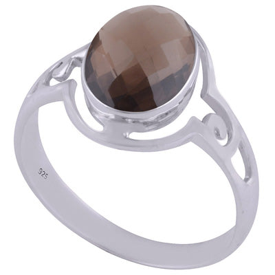 Alluring Cut Work Around Smoky Topaz Oval Shape 925 Sterling Solid Silver Ring - R1000506-106