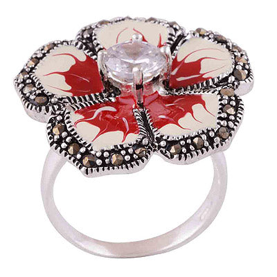 Enamel, Marcasite, White Cubic Zirconia 925 Sterling Silver Ring - main product photo (R1000620-68)