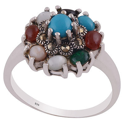 Stunning Multicoloured Gemstones Around Turquoise, Green Onyx, Carnelian, Mother Of Pearl, Black Onyx, Marcasite Oval,Round Shape 925 Sterling Solid Silver Ring - main product photo (R1000765-200)