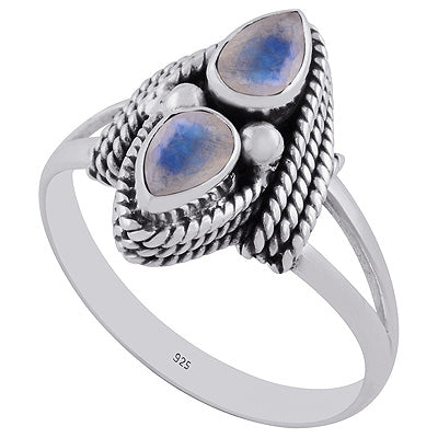 Stunning Textured Wire Work Around Rainbow Moonstone Pear Shape 925 Sterling Solid Silver Ring - R1001271-101