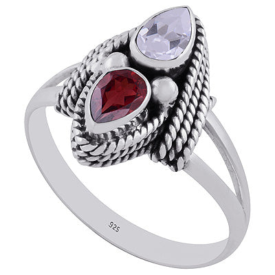 Stunning Textured Wire Work Around Garnet,Cubic Zirconia Pear Shape 925 Sterling Solid Silver Ring - R1001271-53