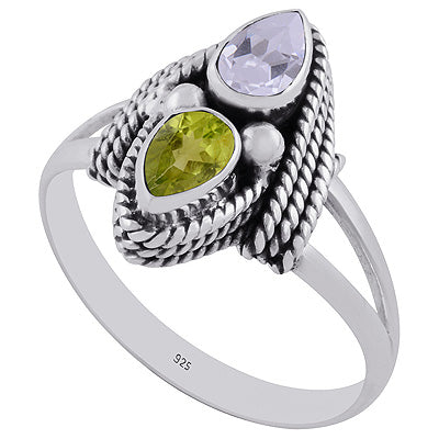 Stunning Textured Wire Work Around Peridot,Cubic Zirconia Pear Shape 925 Sterling Solid Silver Ring - R1001271-54