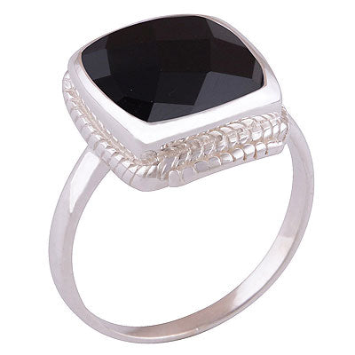 Beautifully Handcrafted Work Around Black Onyx Cushion Shape 925 Sterling Solid Silver Ring - R1001368-211