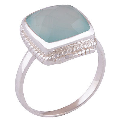 Beautifully Handcrafted Work Around Aqua Chalcedony Cushion Shape 925 Sterling Solid Silver Ring - R1001368-70