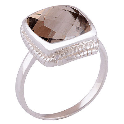 Beautifully Handcrafted Work Around Smoky Topaz Cushion Shape 925 Sterling Solid Silver Ring - R1001368-84