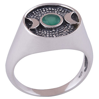 Bold Crescent Moon Green Onyx Round Shape 925 Sterling Solid Silver Ring - R1001380-60