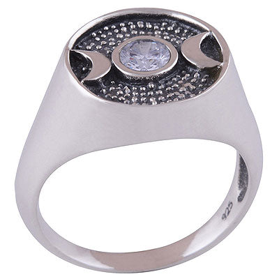 Bold Crescent Moon White Cubic Zirconia Round Shape 925 Sterling Solid Silver Ring - R1001380-71