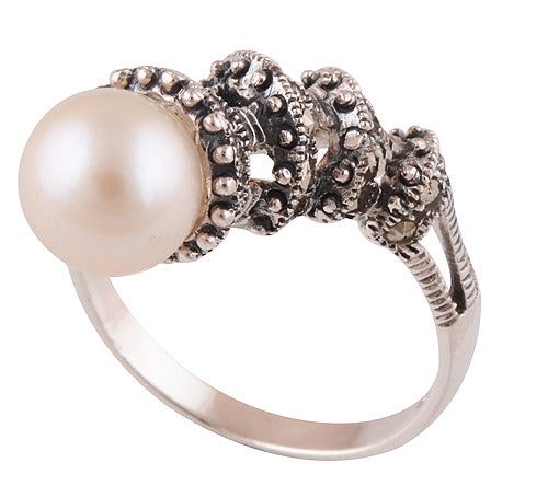 Pearl, Marcasite 925 Sterling Silver Ring - R1001424-1