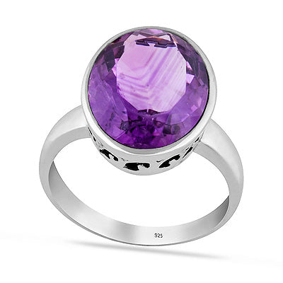 Beautiful Jali Cut Work Around Amethyst Oval Shape 925 Sterling Solid Silver Ring - R1001438-52