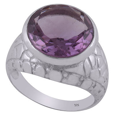 Beautiful Texture Around Amethyst Round Shape 925 Sterling Solid Silver Ring - R1001440-1