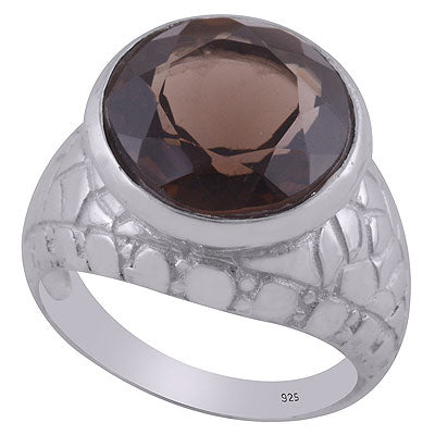 Beautiful Texture Around Smoky Topaz Round Shape 925 Sterling Solid Silver Ring - R1001440-45
