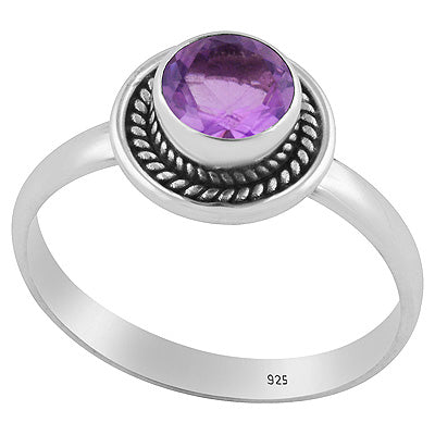 Stunning Textured Wire Around Amethyst Round Shape 925 Sterling Solid Silver Ring - R1001638-1