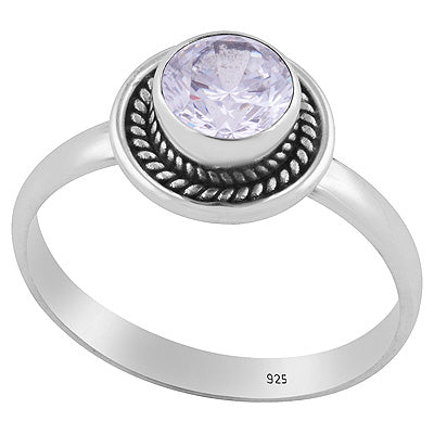 Stunning Textured Wire Around White Cubic Zirconia Round Shape 925 Sterling Solid Silver Ring - R1001638-29