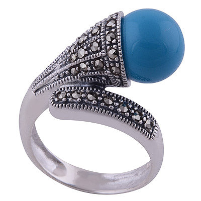 Turquoise,Marcasite 925 Sterling Silver Ring - R1001790-1