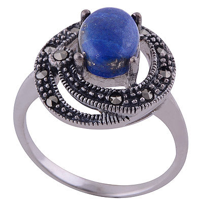 Lapis,Marcasite 925 Sterling Silver Ring - R1001797-19