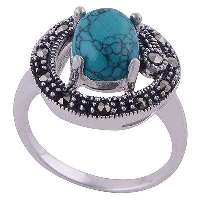 Turquoise,Marcasite 925 Sterling Silver Ring - R1001797-8