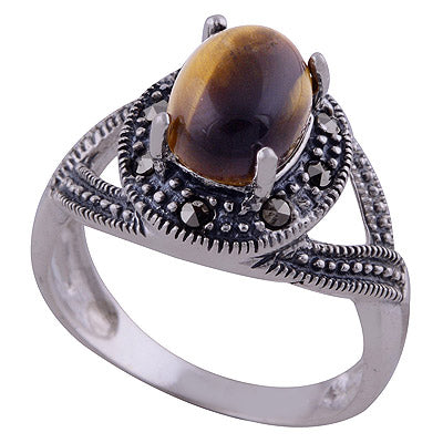 Tiger's Eye,Marcasite 925 Sterling Silver Ring - R1001798-26