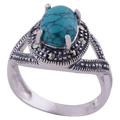 Turquoise,Marcasite 925 Sterling Silver Ring - R1001798-9
