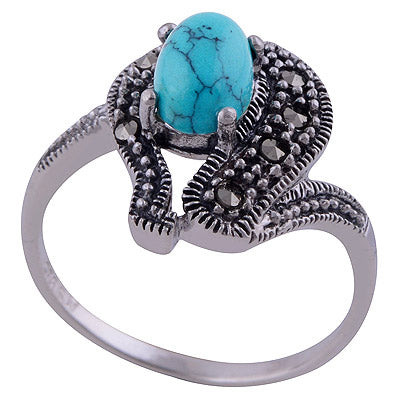 Turquoise,Marcasite 925 Sterling Silver Ring - R1001800-6