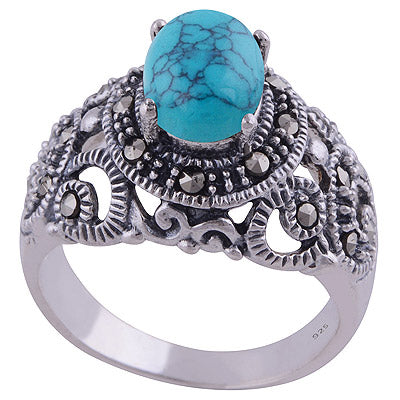 Turquoise,Marcasite 925 Sterling Silver Ring - R1001804-6