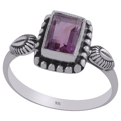 Gorgeous Oxidised Handcrafted Work Around Amethyst Rectangle Shape 925 Sterling Solid Silver Ring - R1001847-61