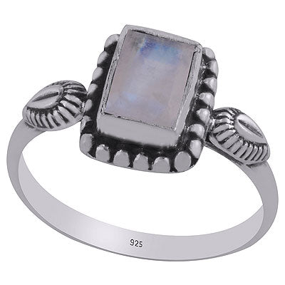 Gorgeous Oxidised Handcrafted Work Around Rainbow Moonstone Rectangle Shape 925 Sterling Solid Silver Ring - R1001847-65