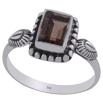 Gorgeous Oxidised Handcrafted Work Around Smoky Topaz Rectangle Shape 925 Sterling Solid Silver Ring - R1001847-67