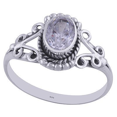 Stunning Wire Coil Work Around White Cubic Zirconia Oval Shape 925 Sterling Solid Silver Ring - R1001871-85