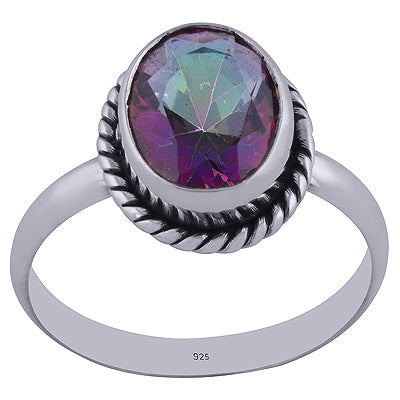 Beautiful Textured Wire Around Mystic Topaz Oval Shape 925 Sterling Solid Silver Ring - R1001933-1