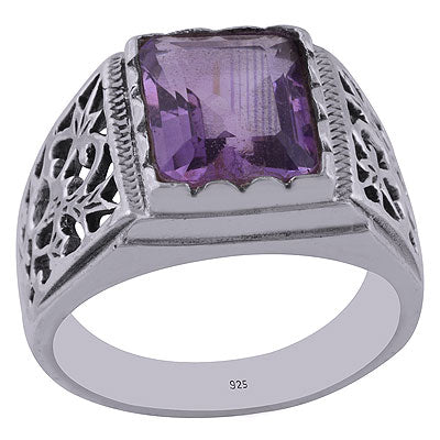 Unique Jali Cut Amethyst Rectangle Shape 925 Sterling Solid Silver Ring - R1001944-1