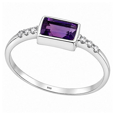 Stunning Gemstone Studded Around White Cubic Zirconia,Amethyst Rectangle, Round Shape 925 Sterling Solid Silver Ring - R1002103-6