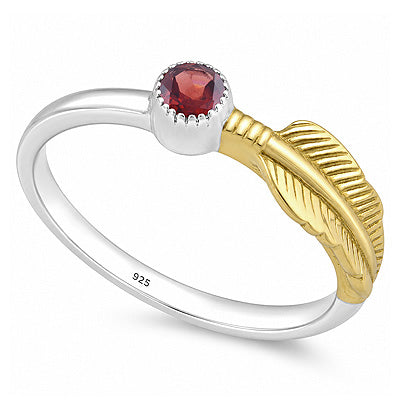 Stunning Leaf Work Around Garnet Round Shape 925 Sterling Solid Silver & Brass Ring - R1002108-1